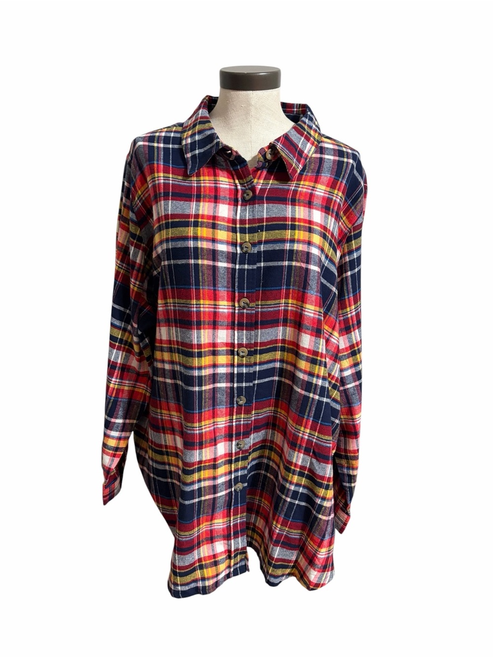 Woman Within Plaid Flannel Button-Down Shirt Tunic 100% Cotton Fall Country 2X